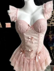 Women's Pink Lace Nightdress Sexy Mini Lingerie Nightwear Sleeveless Sleepdress V-neck Nightgown Home Dress Cutecore Clothing