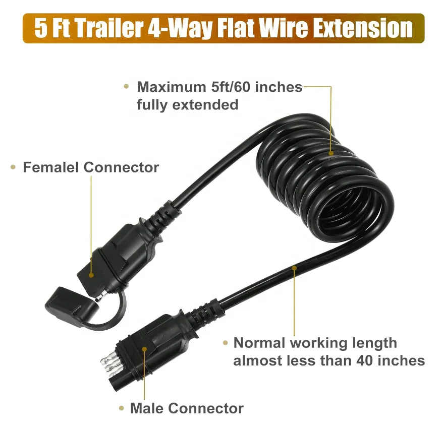 3-5ft 4-Way Flat Coiled Trailer Extension Adapter 4-Pin Wiring Harness - view 5