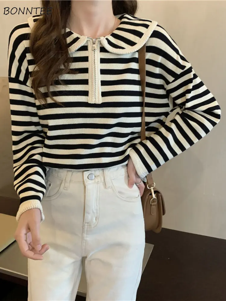 

Pullovers Women Striped Comfortable Streetwear All-match Students Classic Turn-down Collar Spring Ulzzang Daily Trendy Office