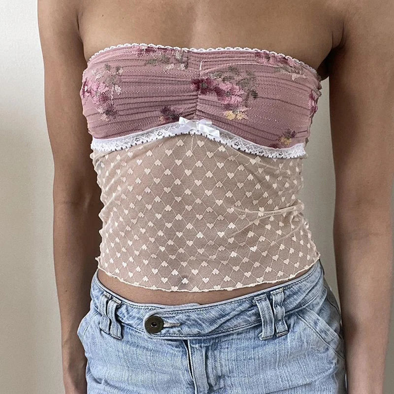 Maemukilabe Coquette Cute Pink Bandeau Tube Tops Fairycore Y2K Floral Lace Trim Strapless Crop Tops 90s Vintage Backless Camis