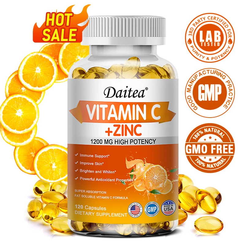 Vitamin C + Zinc Capsules - Immune System Booster Antioxidant Helps Improve Skin Brightening Supports Cellular Energy Production