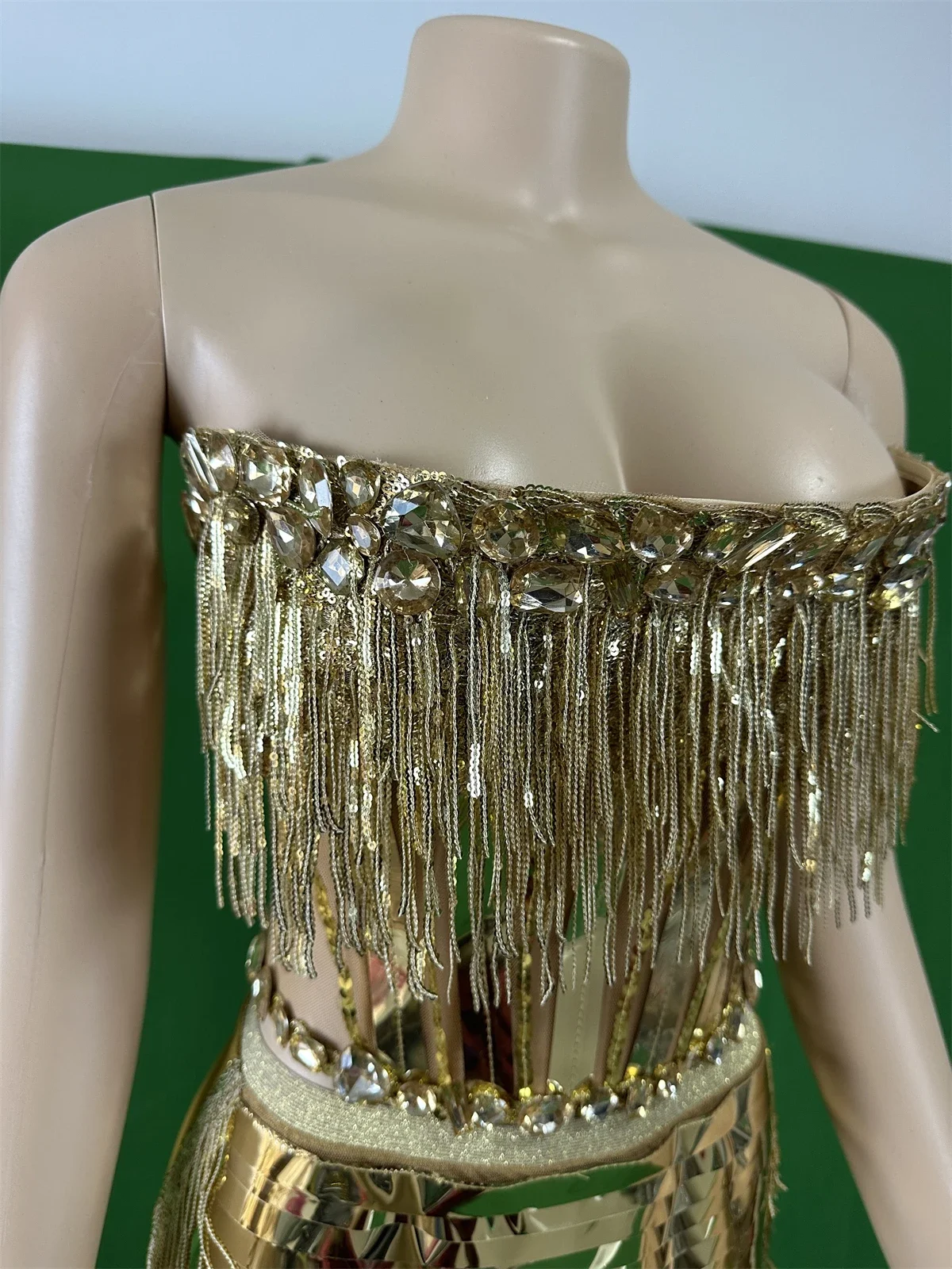 Sparkly Gold Sequins Women Dress 2 Pcs Set Fringe Rhinestone Nightclub Birthday Party Drag Queen Outfit Sexy Singer Stage Wear