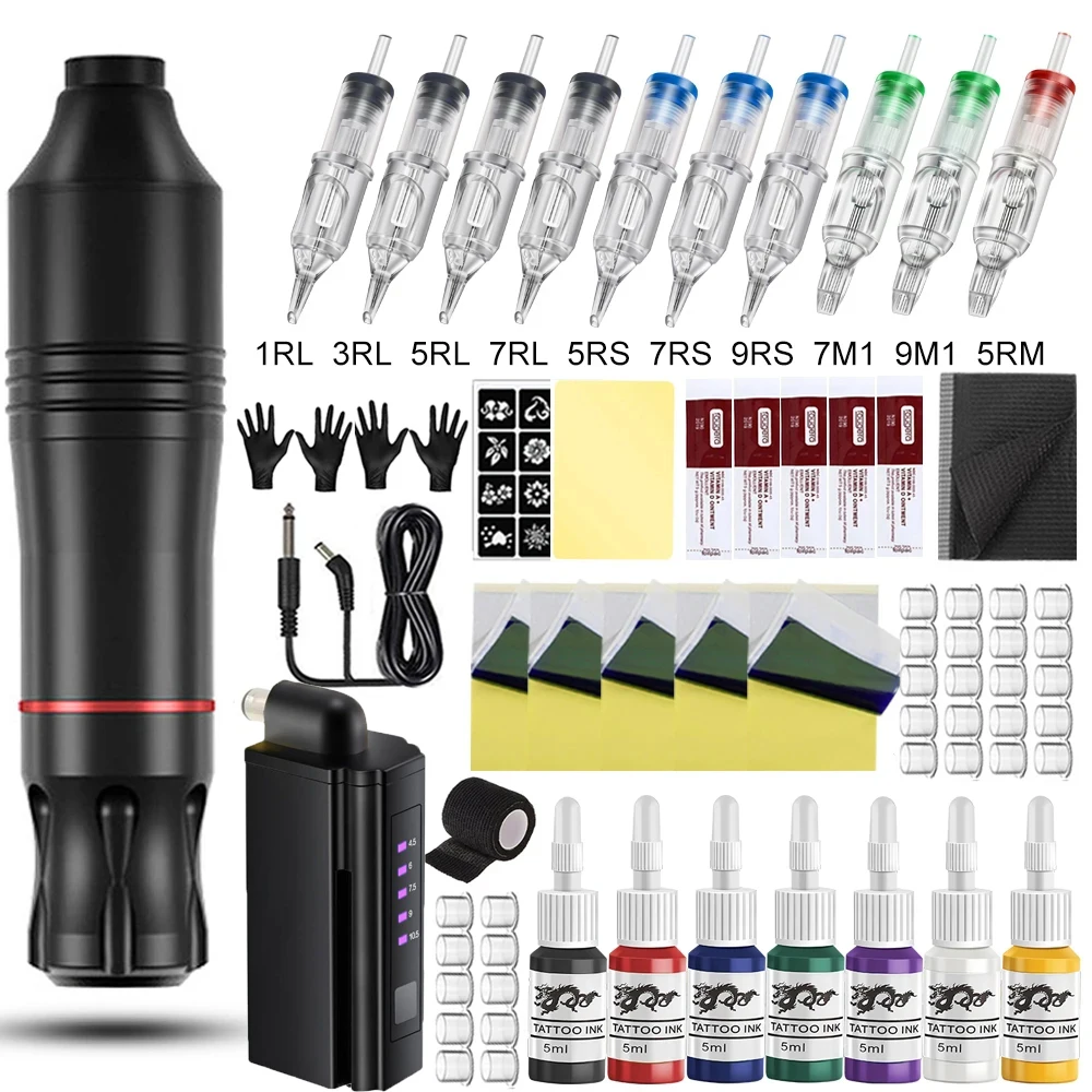 

Wireless Tattoo Pen Machine Kit Rotary Tattoo Gun DC Tattoo Power Supply Cartridge Needles Ink Complete Tattoo Set for Beginner