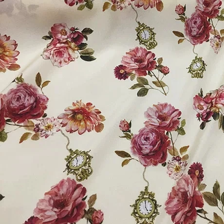 Nice Quality Good Material Silk Crepe De Chine Fabric CDC Black Base Pink Flowers for Women Clothes Suit Saree Shirt