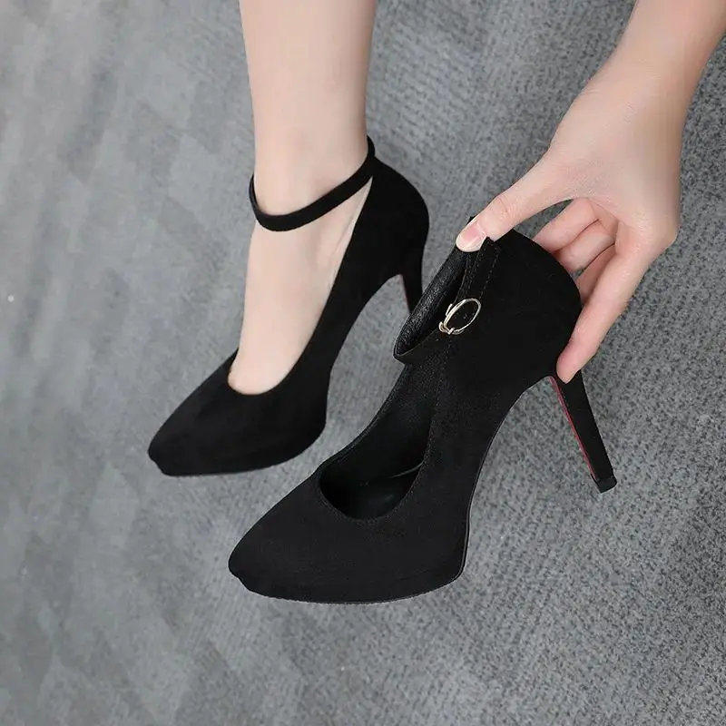 

New Pointed Toe Platform Women Sandals Flock Buckle Strap Stripper Party Thin High Heel Shoes Sexy Female Pumps Zapatos De Muje