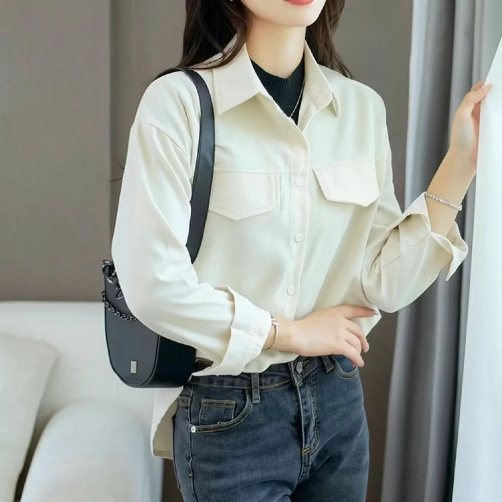 Casual Long Sleeve Corduroy Shirt Women Autumn Loose Oversized Blouse Chic Polo Collar Soft Thickened Trendy Outwear