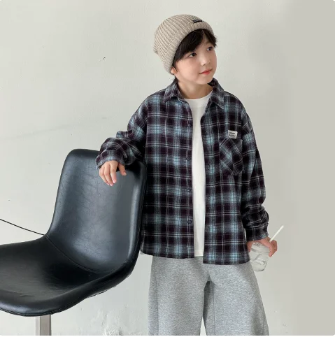 Boys Shirt 2026 Autumn and Winter New Children's Clothing Korean Style Boys and Girls Fashion Label Brushed Plaids Shirt 2