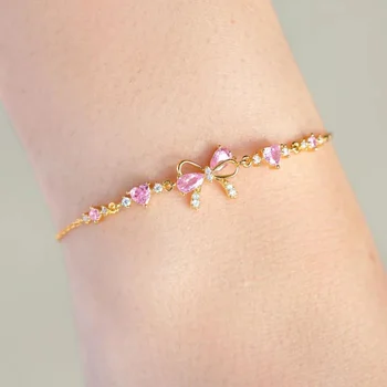 Y2K – Bracelet en Zircon rose doux pour femmes et filles, chaîne avec nœud papillon, cœur d'amour, cadeau de fête d'anniversaire, bijoux