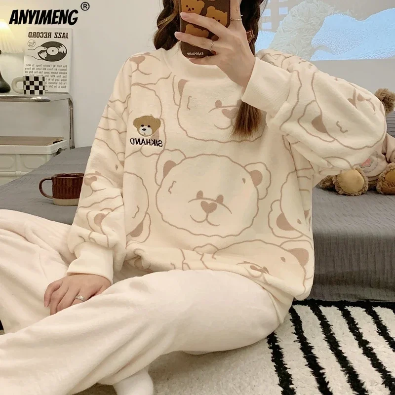 Cute Panda Printing Korean Kawaii Winter Women Pajamas Flannel Homesuits Pullover Long Sleeves Nightwear Teddy Sleepwear Pijamas