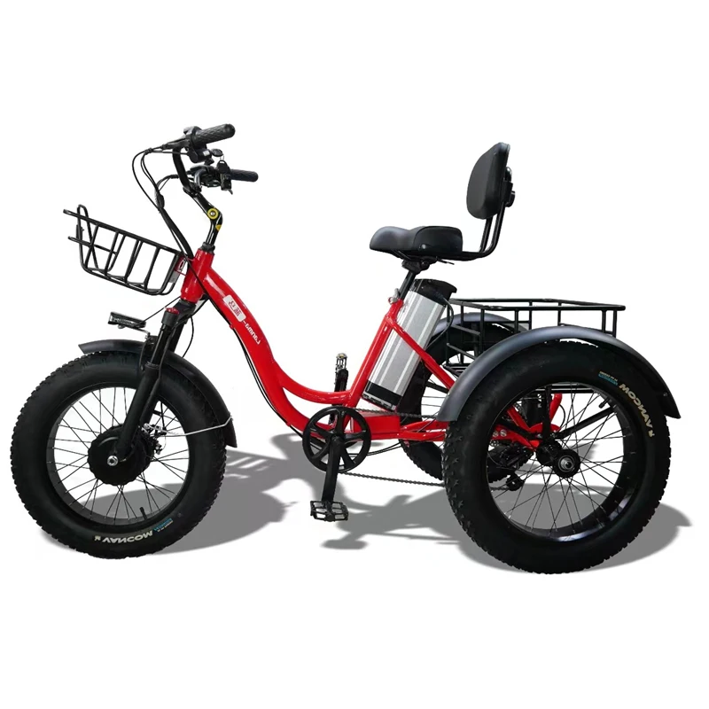 Fatbike Electric Cargo Bicycle for Adult and Elderly, 3 Wheels, Mountain, All Terrain Electric Tricycles, Removable Battery