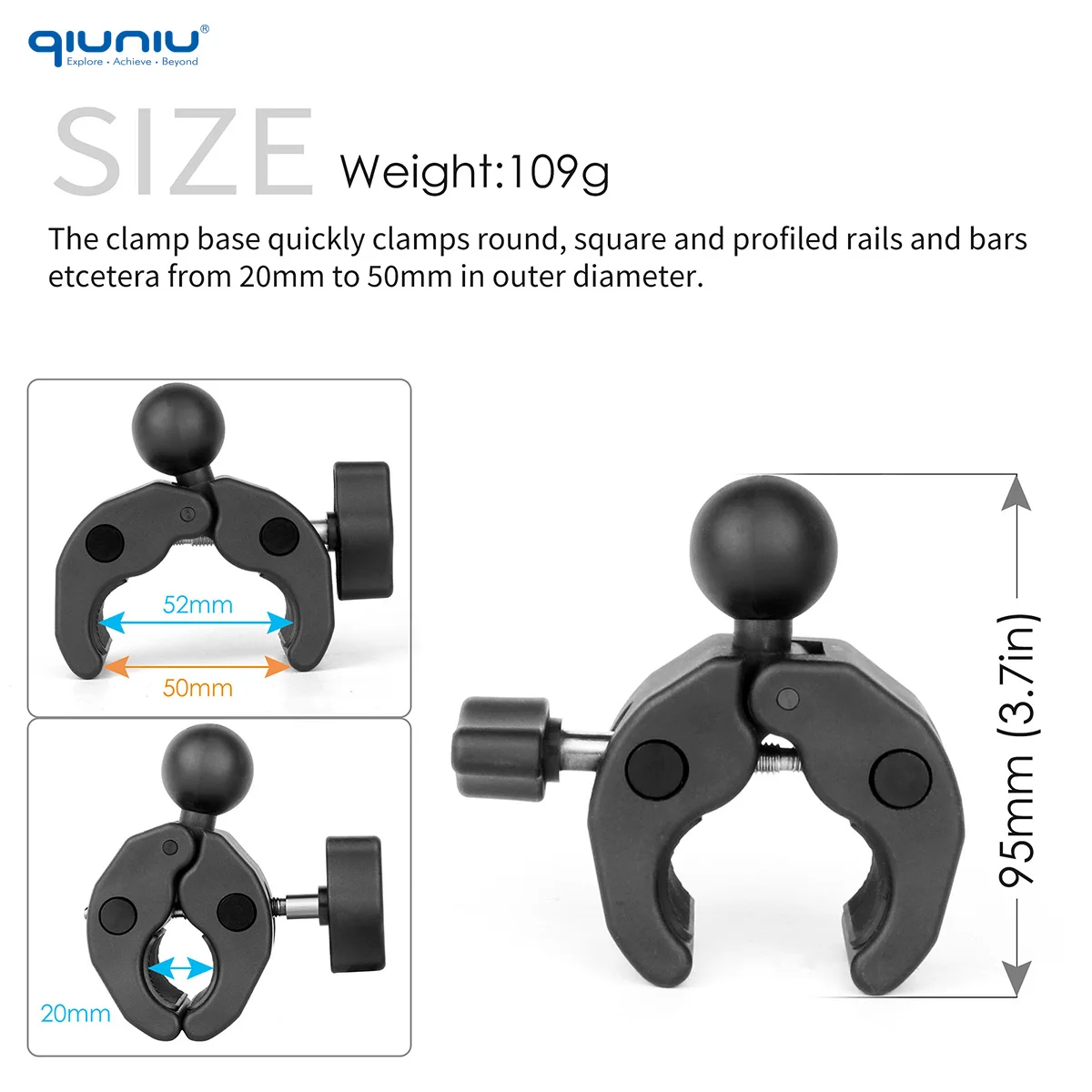 QIUNIU 1'' Ball Clamp Mount Base Fit for RAM Mounts B Size 1 Inch Ball Double Socket Arm & Bike Motorcycle Phone Holder