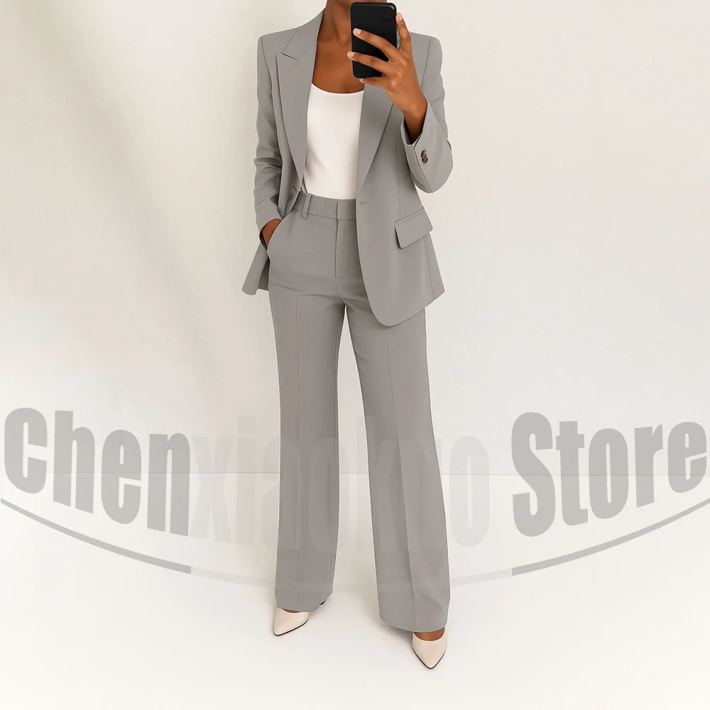 Women 2 Piece Suit Fashion Peak Lapel Single Button Blazer and Pants Elegant Office Business Wedding Daily Lady Formal Outfit