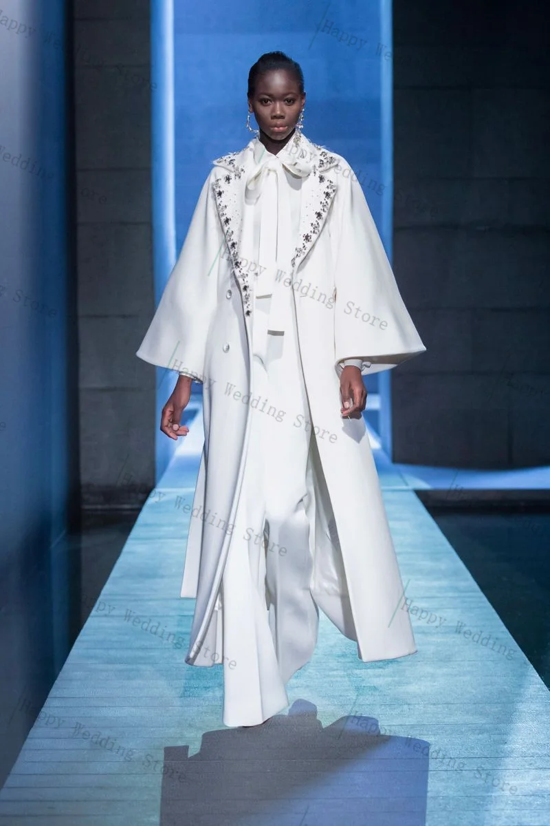 

White Cashmere Women Suit 1 Piece Long Blazer Crystals Winter Wool Prom Dress Formal Office Jacket Customized Wedding Guest Coat