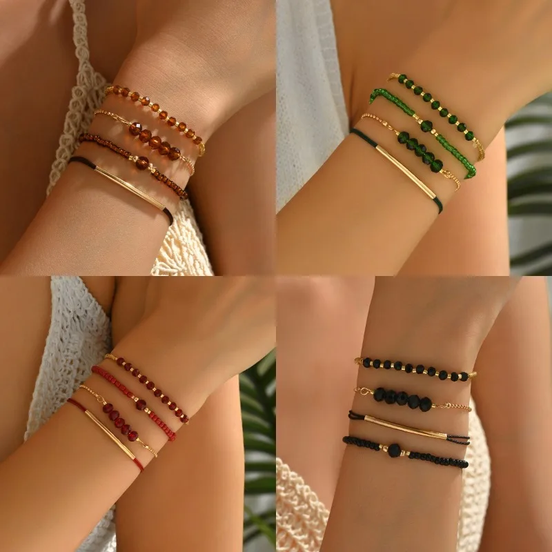 Conjunto de pulseras de moda hechas a mano con tubos de latón y cristales negros de imitación para mujer, cuerda de mano tejida con cuentas.