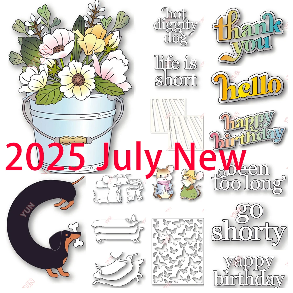 

2025 New Yappy Birthday Decor Cards Gift Cut Dies Nordic Mouse Butterfly Garden Pail Bouquet Dies Word Die DIY Crafts Stencils