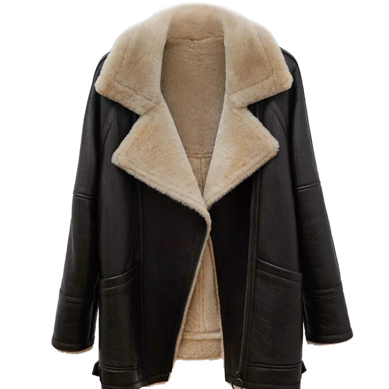 Real Sheepskin Leather Jacket Women Winter Real Fur Coat Warm Natural Sheep Fur Motorcycle Jacket Mens Jackets Veste Femme FCY