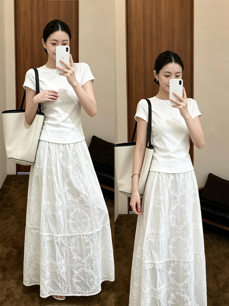 

Summer Unique Beautiful New OOTD White Short Sleeve Hollow out Skirt Set Women's Fashion Comfortable Lace High Waist Skirt