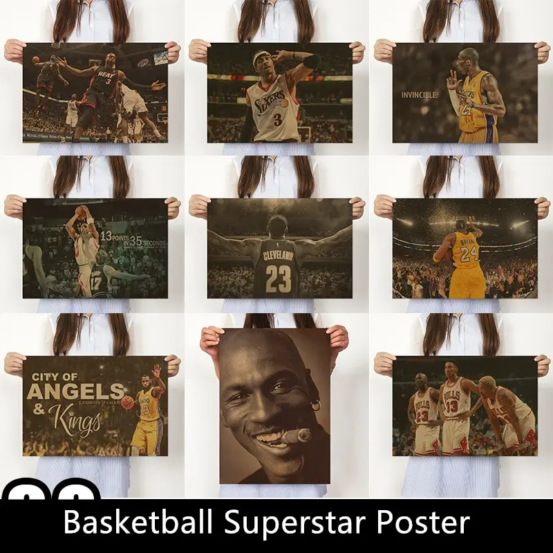 Vintage Retro NBA Legends Wall Poster  Kobe LeBron Wade Jordan Curry  xcm Kraft Paper Decor for Room or Dormitory