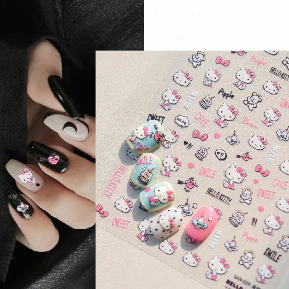 1 sheet HelloKitty Sanrio New 5D Relief Nail Art Stickers Nail Decals for Manicure fashion Design DIY Happy Accessories