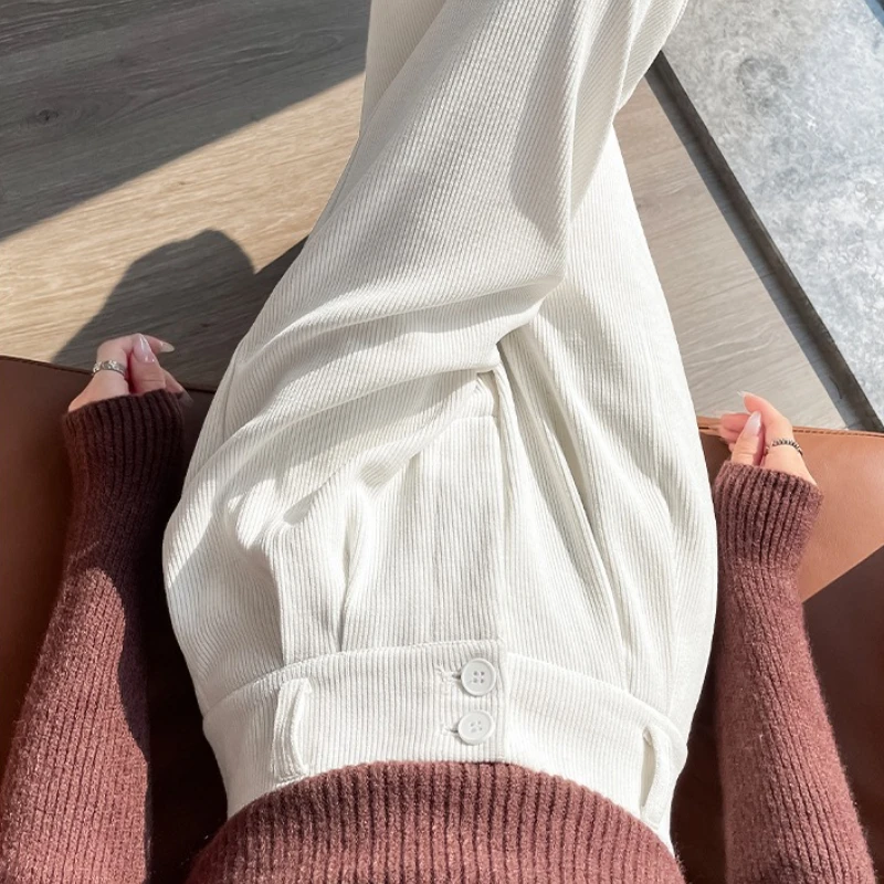 High Waist Autumn Winter Velvet Women's Wide Leg Pants 2025 New Buttons Casual Loose Solid Korean Full Length Trousers Female