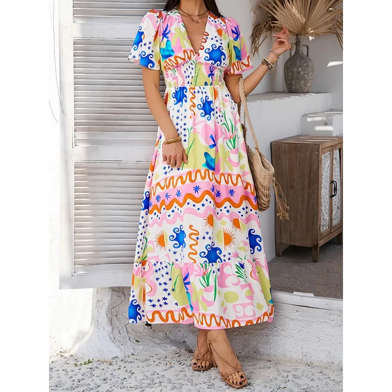 T Е Bohemian Flower Stampato Abiti lunghi Donna 2026 A-line Scollo a V Manica a sbuffo Vita alta Vacanza estiva Max Dress 180827