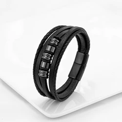 New European and American Retro Punk Wind Wheel Beads 316L Stainless Steel Men's Bracelet 5 Layers Leather Rope Charm Bracelet