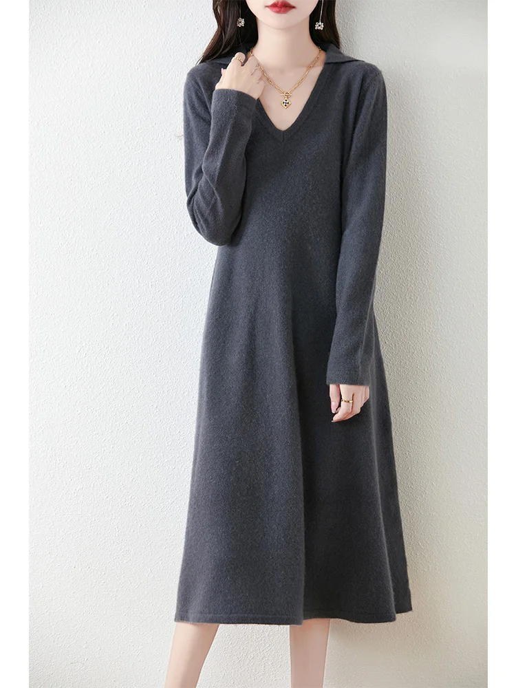 

Women's Pure Wool Knitted Long Dress, V-Neck, Lapel, Loose, Striped, Fashionable, Casual, 2024 Autumn/Winter