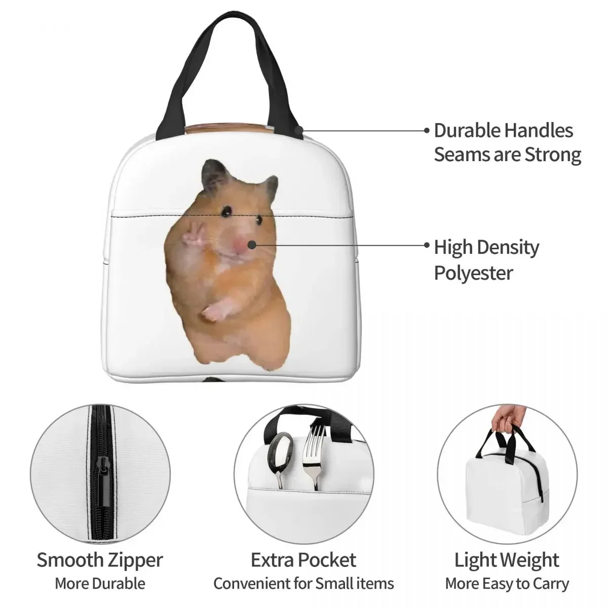 Peace Sign Hamster Insulated Lunch Bags Leakproof Picnic Bags Thermal Cooler Lunch Box Lunch Tote for Woman Work Kids School