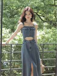 Fashion Gyaru Matching Sets Sleeveless Irregular Tanks Crop Tops High Waist Forked Long Skirts Female Slim Denim Women Clothing