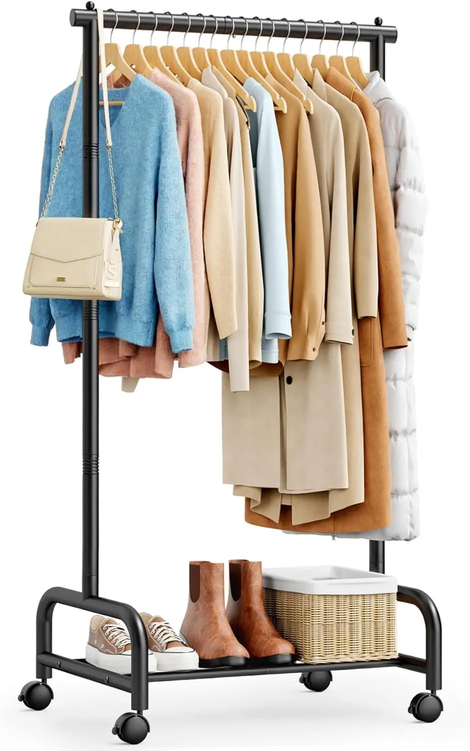 

Heavy Duty Clothing Racks for Hanging Clothes, Small Rolling Clothes Rack with Wheels, Sturdy Garment Wardrobe Rack for Bedro