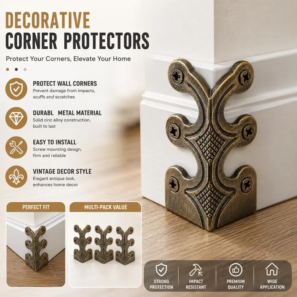 4PCS Vintage Metal Baseboard Corner Protector Cabinet Skirting Board Corner Guard Anti-Collision Decorative Angle Bracket