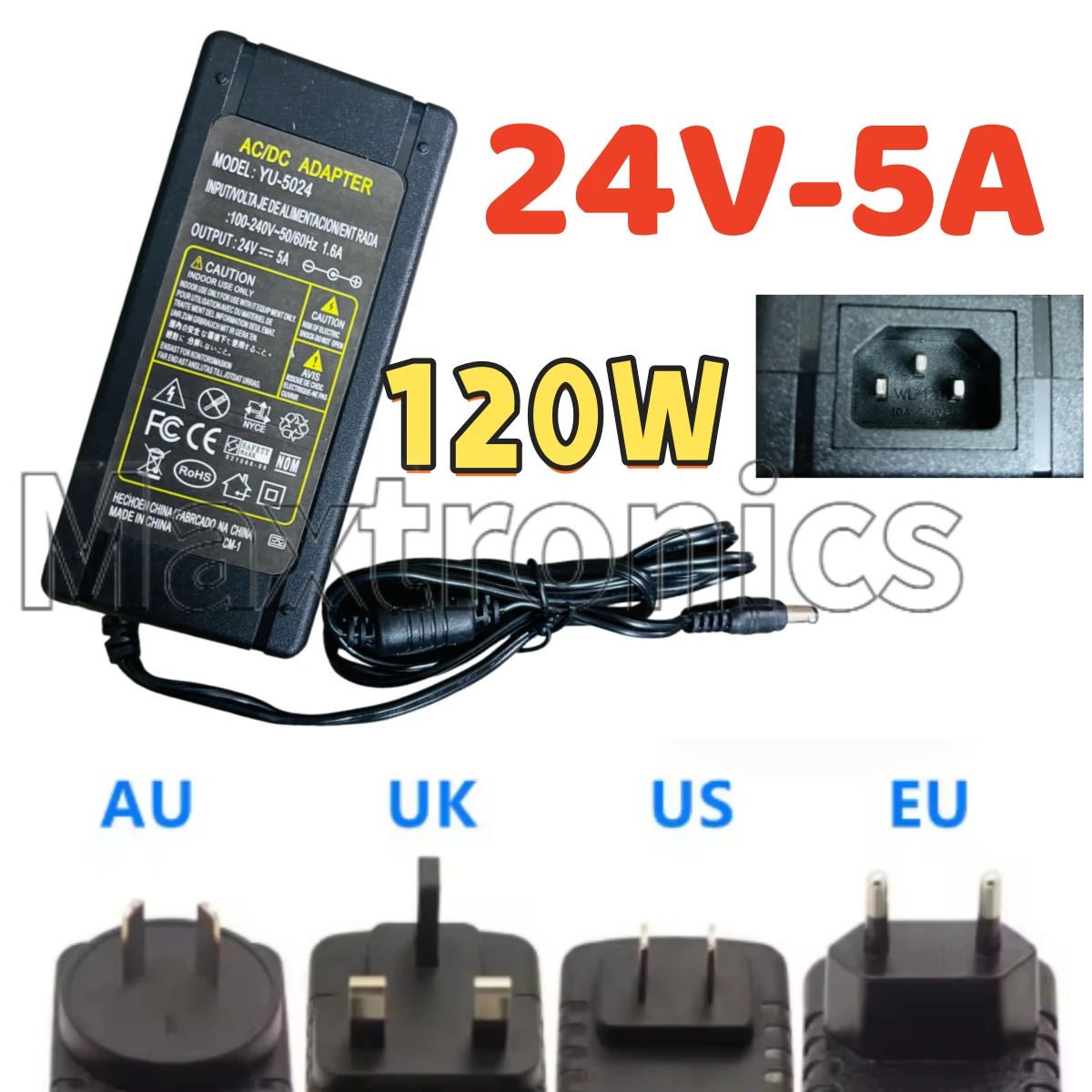 

Импульсный блок питания AC/DC 120 Вт, 24 В постоянного тока, 5 А, для светодиодных лент/модулей WS2812, трансформатор для освещения, с вилками US/EU/AU/UK, для систем видеонаблюдения