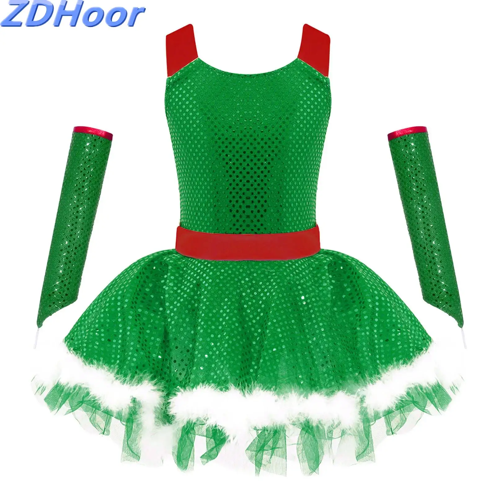 

Kids Girls Sequins Christmas Dress Faux Fur Adorned Leotard Dress with Sparkly Sequins Elbow Length Oversleeves Xmas Outfit