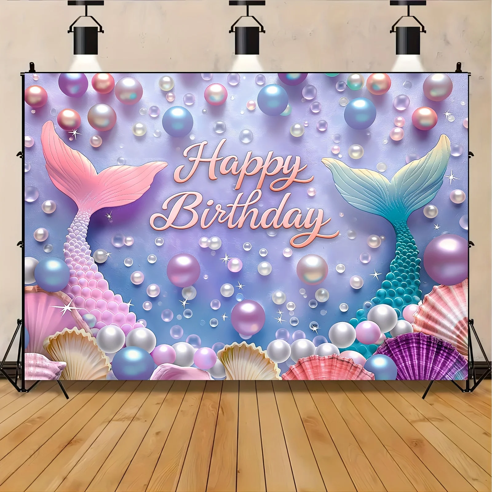 Mermaid and Pearl Shell Happy Birthday Background - Multi functional polyester photography background, suitable for parties