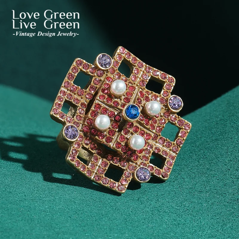 

Vintage Pink Square Large Rings Rhinestone With Pearl Elegant Woman Gold Color Jewelry Trends 2026 High Quality Wedding Luxury