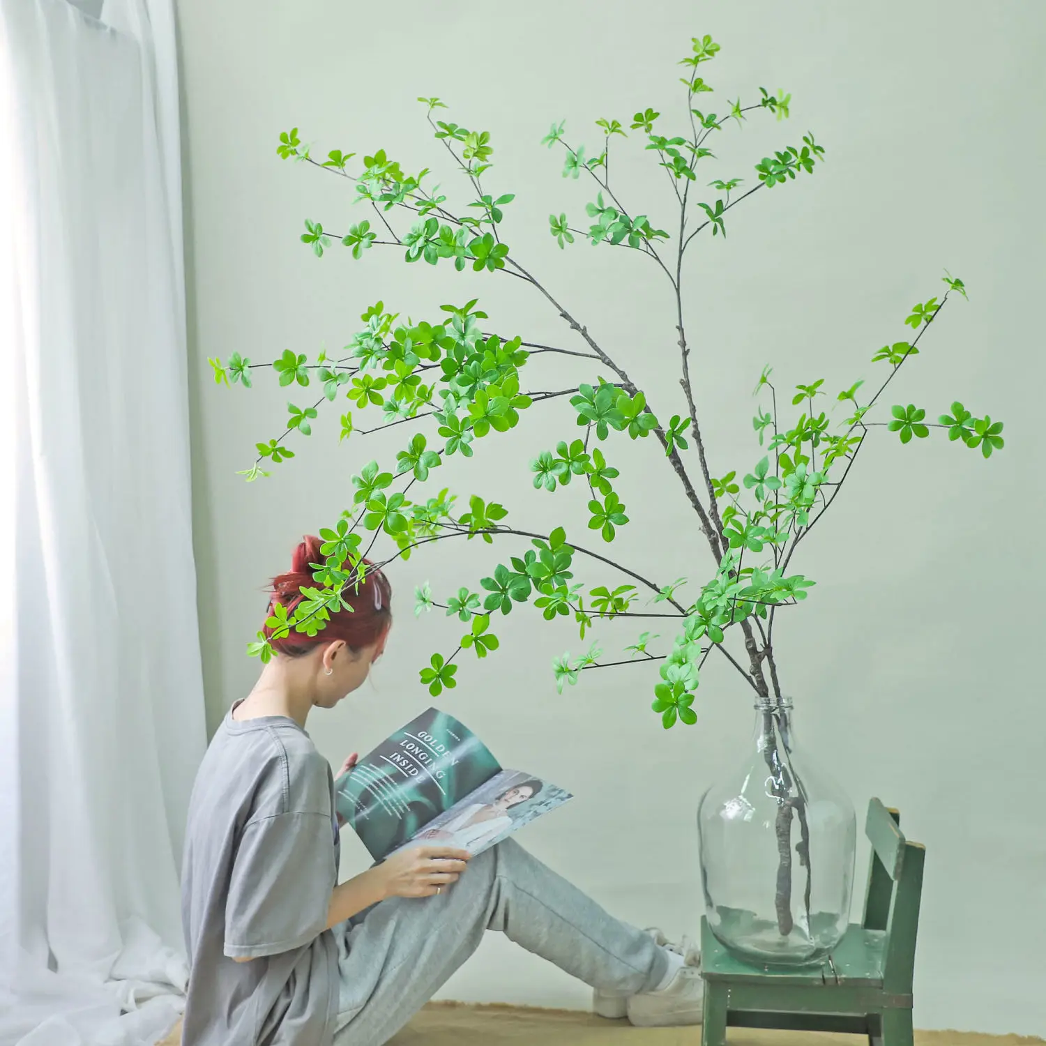 Simulated green plant leaves, suspended bell leaves, simulated landing green plants, drunken wood, fake branches, living room