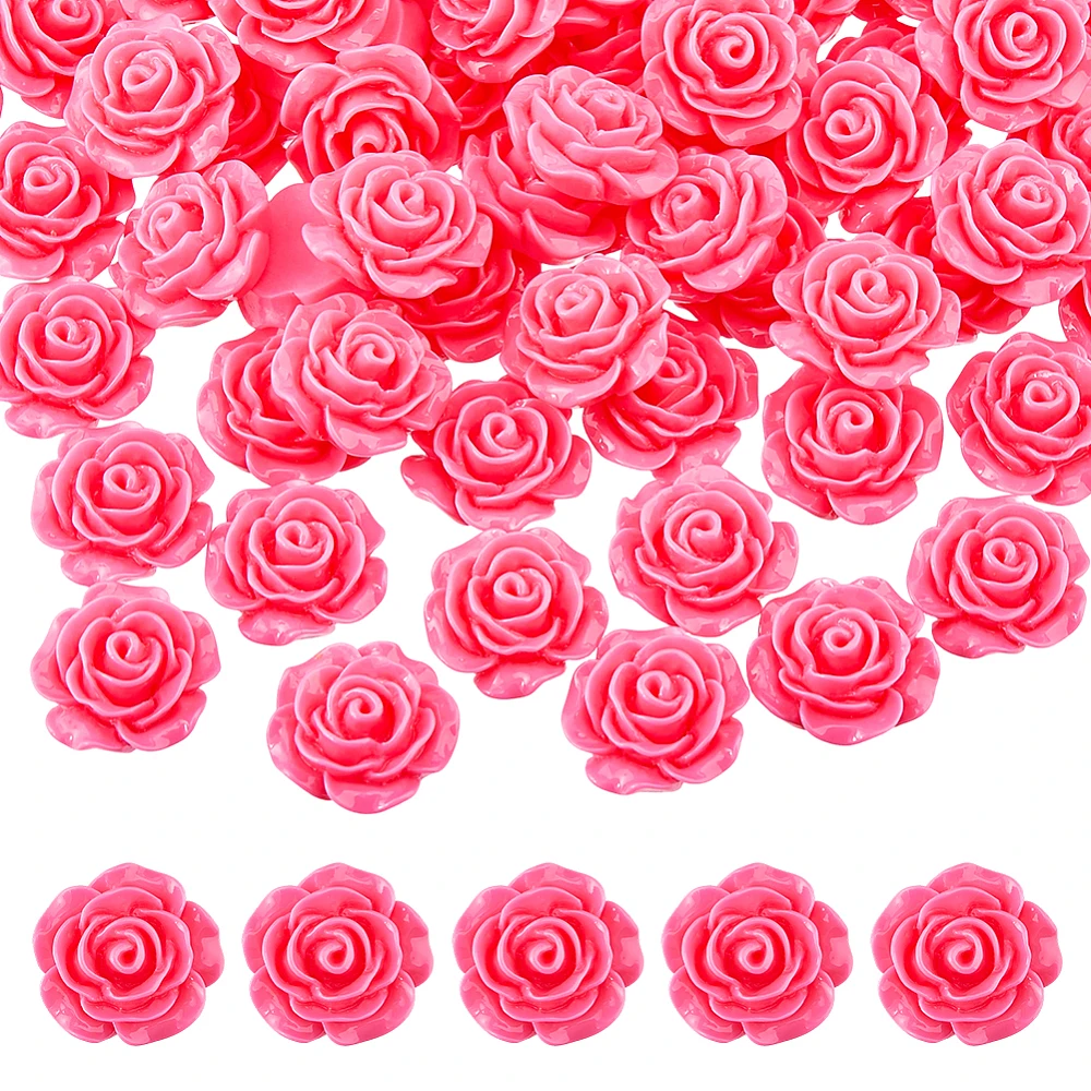 80Pcs Resin Rose Flower Beads 18.5x18x8mm Flatback Rose Flower Charms No Hole Deep Pink Carved Roses Beads Opaque Flowers