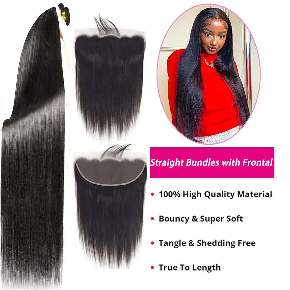 30 inch Straight Bundles with Closure Brazilian 100% Unprocessed Virgin Human Hair Bundles with 13x4 Lace Frontal Natural Black