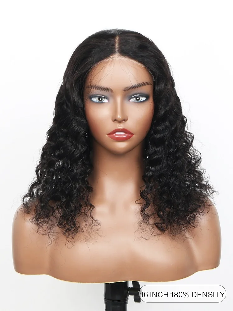 女性用の事前にカットされた接着剤なしのレースのかつら,深い波の髪,密度180%,すぐに着用できる,事前に摘み取られた漂白された結び目,6x4