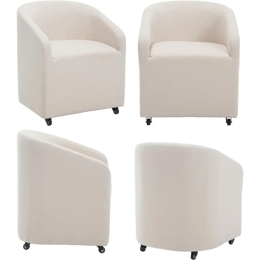 2 piece modern upholstered dining chair with rotary casters, decorative side chair with linen barrel back, beige