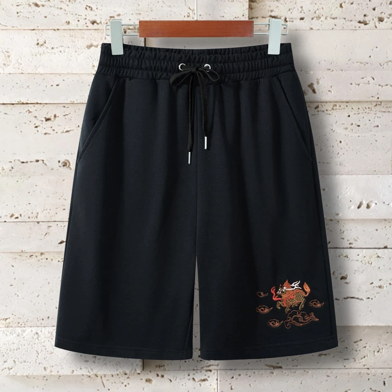 Lyprerazy Chinese Style Qilin Dragon Embroidery Shorts Men's Summer Casual Cotton Shorts