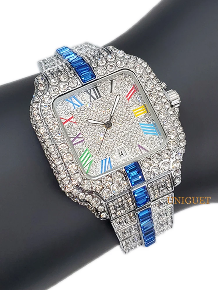 Orologi al quarzo da uomo blu ghiaccio con calendario con numeri colorati Orologio alla moda hip-hop per uomo Orologio da polso quadrato dal design di lusso regalo