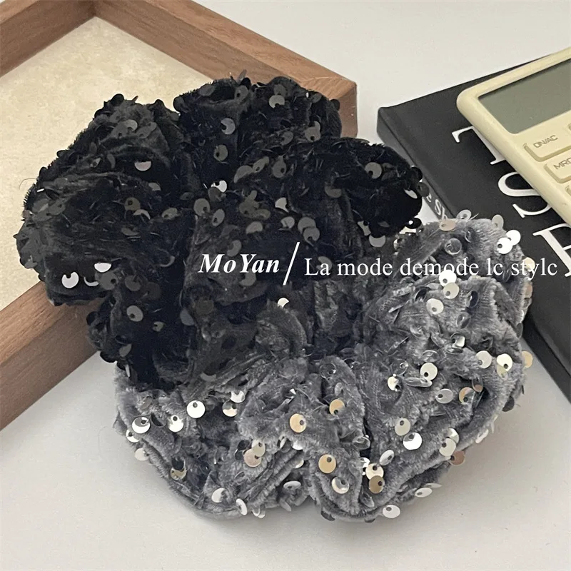 Velvet Sequin Hair Scrunchies For Women Black Hairband Girls Head Rope High Ponytail Durable Loop Hair Accessories