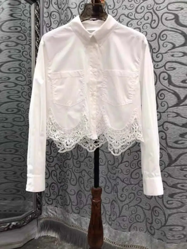 

Elegant Sweet Hollow Out Lace Patchwork Blouses 2025 Early Autumn New Shirt Women Y2k E-girls Long Sleeve White Tops Mujer