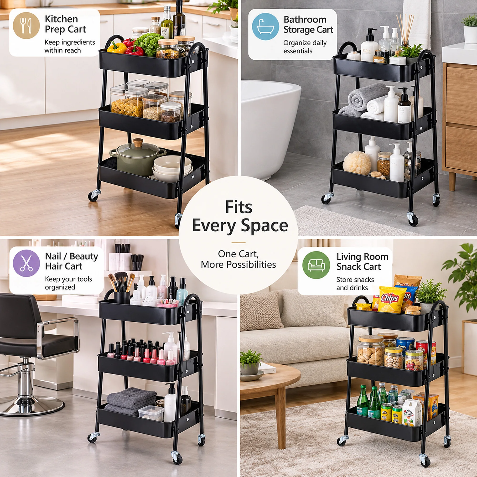 3 Tier Utility Rolling Cart, Metal Storage Cart, Multifunctional Storage Organizer Trolley with Mesh Baskets