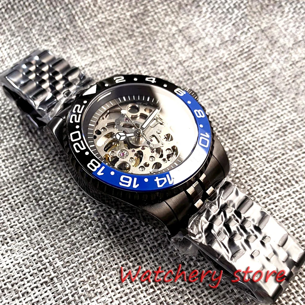 New 40mm NH70 Movement Black PVD Mens Watch Sapphire Glass Luminous Hands Ceramic Black Blue Bezel steel Bracelet