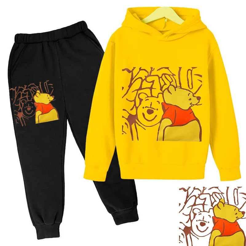 Winnie the Pooh Cartoon Children\'s Hoodie Casual Tops Sports Shirt Kids Boys\' Baby and Girls\' Autumn/Winter Pants Two Piece Sets