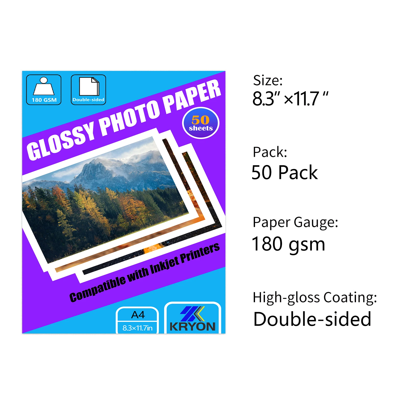KRYON 양면 광택 사진 용지 50매 8.3x11.7인치 180 GSM 잉크젯 프린터용, 사진, 달력 및 공예용