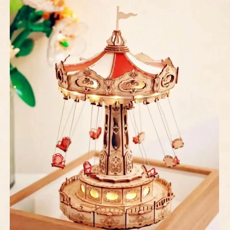 3D Wooden Assembly Model, Three-dimensional Puzzle, Wooden Mechanical Model, Birthday Gift, Carousel, Rotating Cup, Flying Chair