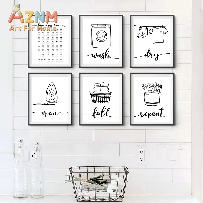 AZNM Laundry Room Line Art Canvas Wall Art Frameless Canvas Print Wash Dry Fold Iron Quote Poster for Laundry Area Home Wall Dec